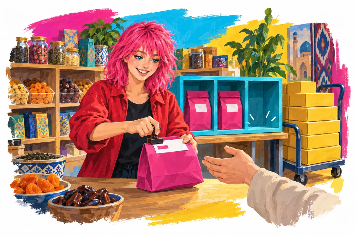 A pink-haired young woman stamps a finished order; the pickup shelf has three slots with one free, and new boxes wait on a cart