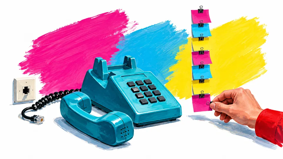 A desk phone with a disconnected cord next to a strip of colored labels, with a hand adding a new one
