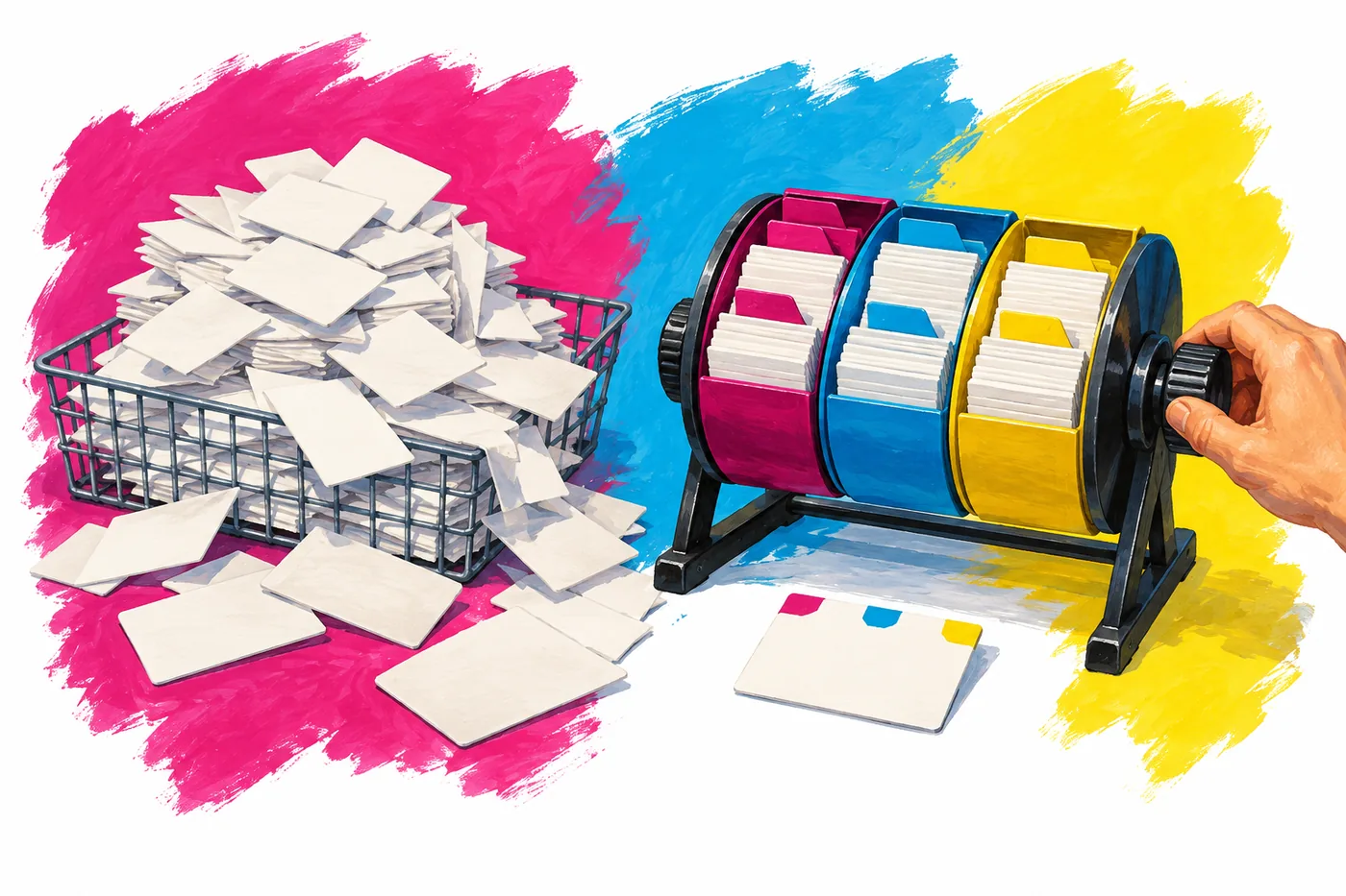 An overflowing tray of call cards and a rotating file where cards spread into three color-coded sections
