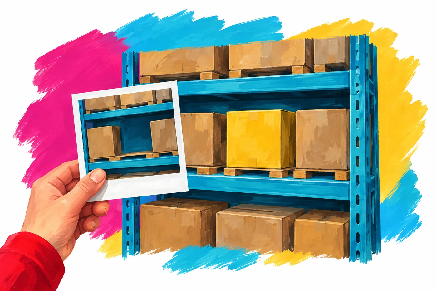 A hand in a warehouse compares an old photo of a shelf with a gap to the same shelf now stocked with product