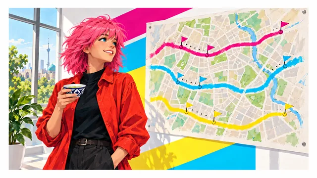 A pink-haired young woman with a bowl of tea looks at a wall map where flags have moved along three colored routes
