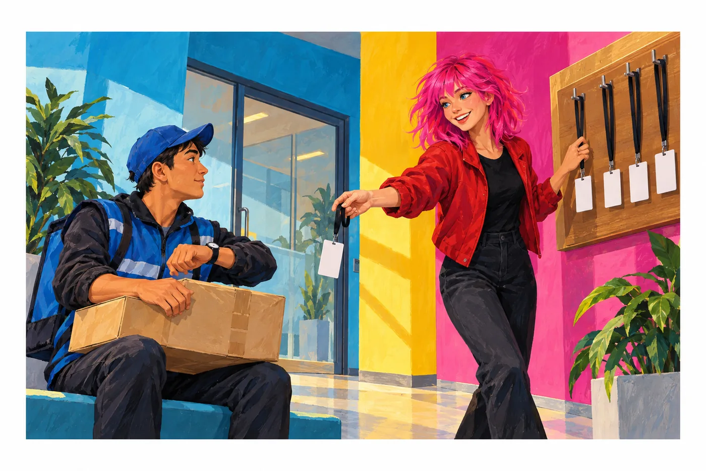 A courier with a box waits in a lobby, glancing at a wristwatch, while a pink-haired young woman hands over a pass from the board