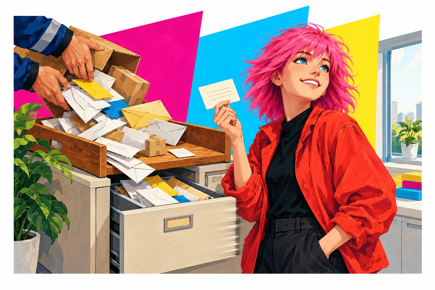 A courier pours envelopes into a tray, nearly all slide into a closing filing drawer, and a pink-haired young woman keeps one card