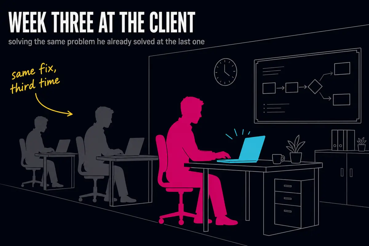 An engineer at a laptop in a client's office, a process diagram visible on screen