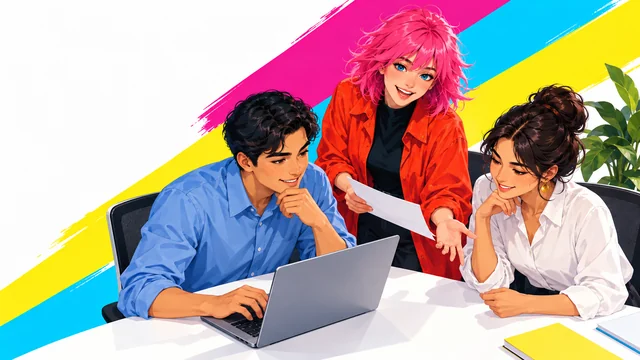 A drawn team reviewing a real work document on a laptop during a training session