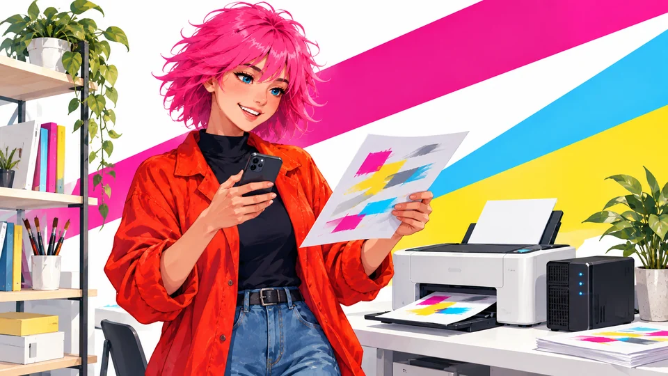 Pink-haired character checks a printed file next to a personal server and a phone