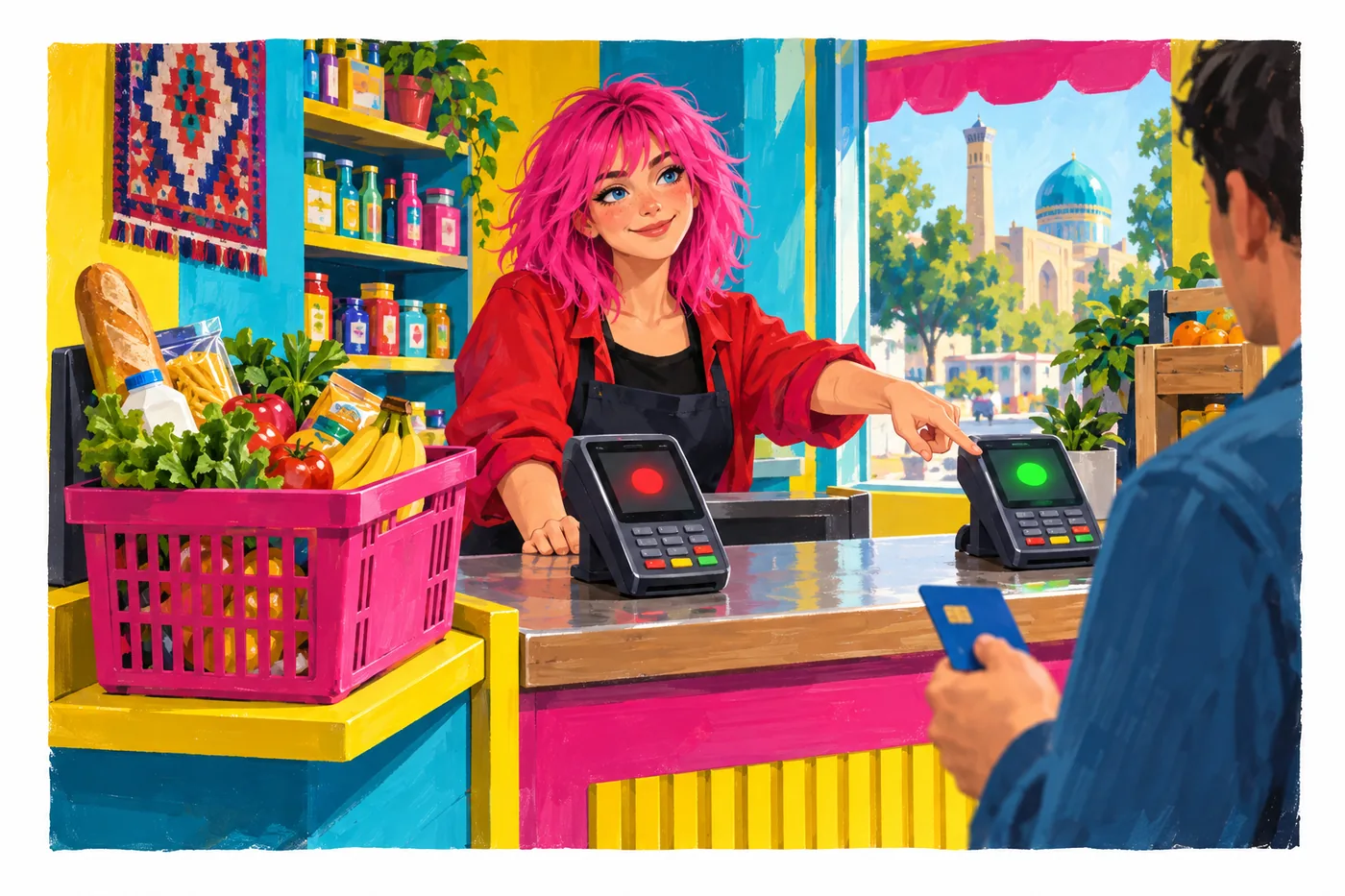 At a store checkout, a customer's basket has been set aside on a shelf while the cashier points to a second payment terminal
