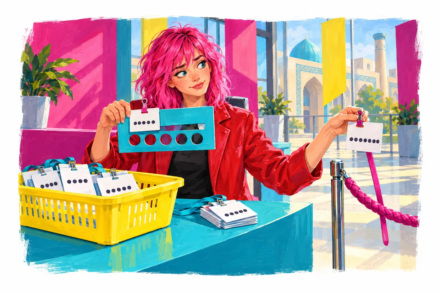 At a registration desk, a pink-haired young woman checks badges against a five-dot stencil and sets aside a badge with seven dots