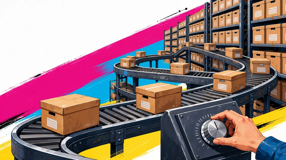 Archival storage with shelves of document boxes; boxes move along a conveyor that loops back to the start; a hand turns a flow regulator
