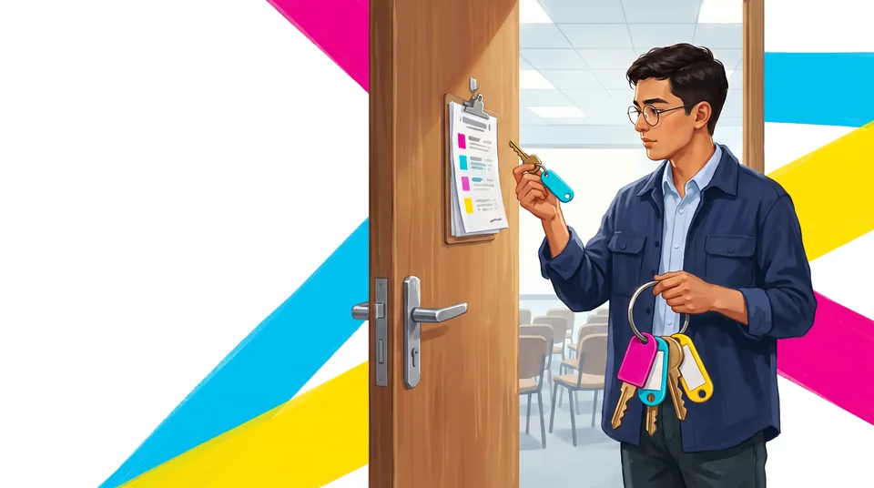 A young specialist in glasses and a navy shirt stands by the half-open door of a training room with empty chairs. He compares a key with a cyan tag against a colour-coded list on a clipboard hanging on the door. His other hand holds a key ring with magenta, cyan and yellow tags.