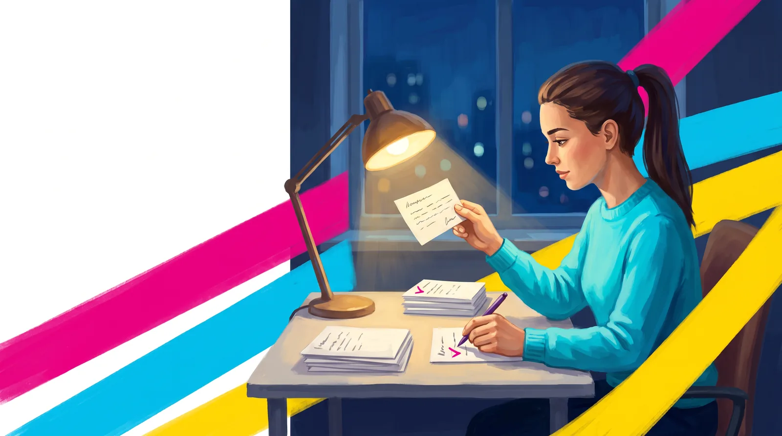 Late evening with city lights outside the window. A young woman in a cyan sweater sits alone at a desk under a lamp, holding a handwritten card up to the light and adding magenta ticks to other cards. Two stacks lie nearby, checked and unchecked.