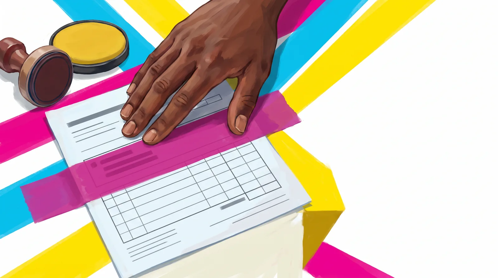 A hand smooths magenta tape over a form with a table; grey lines remain visible through the tape. A wooden stamp and yellow ink pad lie nearby.