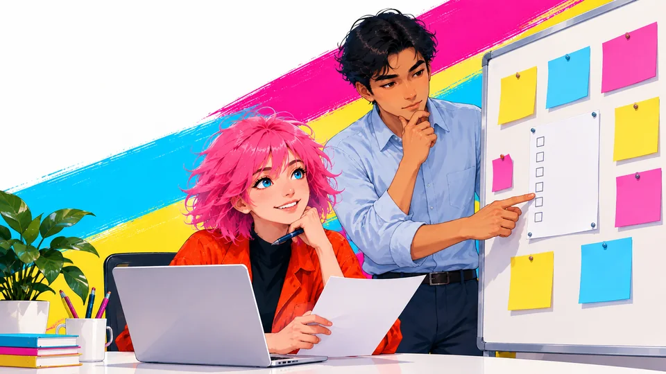 Illustrated person reads an instruction card while a colleague works at a whiteboard