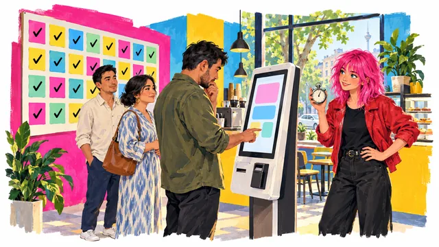 Every card on a coffee shop's planning board is checked off, while a pink-haired young woman times how long a customer takes at the new order kiosk