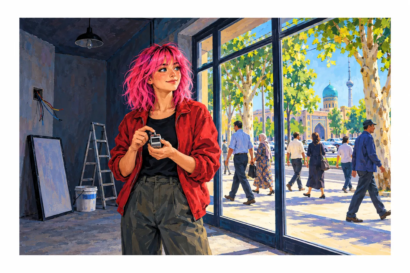 In an empty, unfinished store, a pink-haired young woman stands at the window with a tally counter, counting passers-by