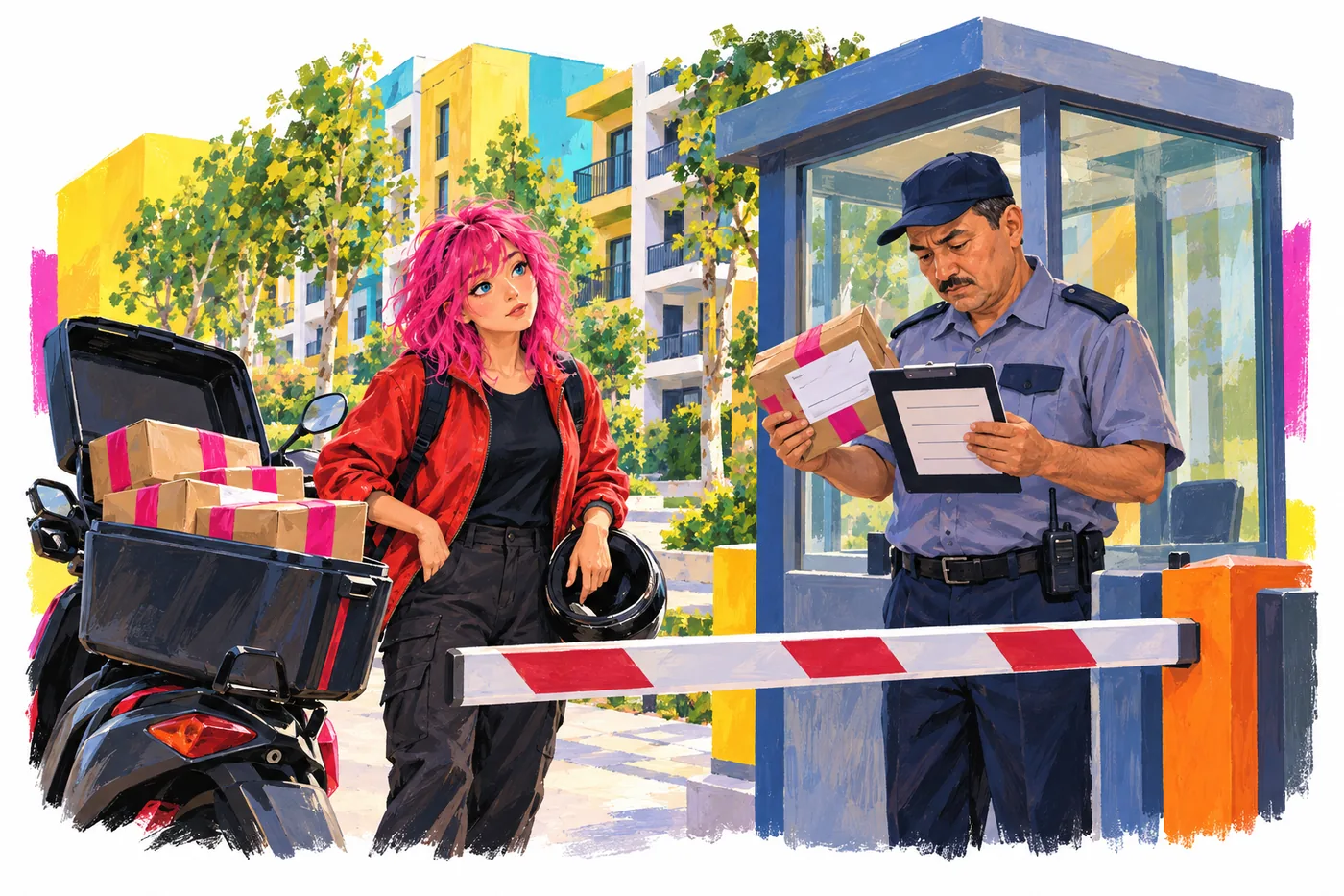 At a residential complex gate, a guard checks a parcel's address against a list while a pink-haired courier waits by a scooter full of parcels