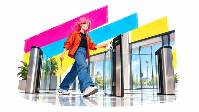 A cartoon employee with a badge stands at a turnstile as the gate opens