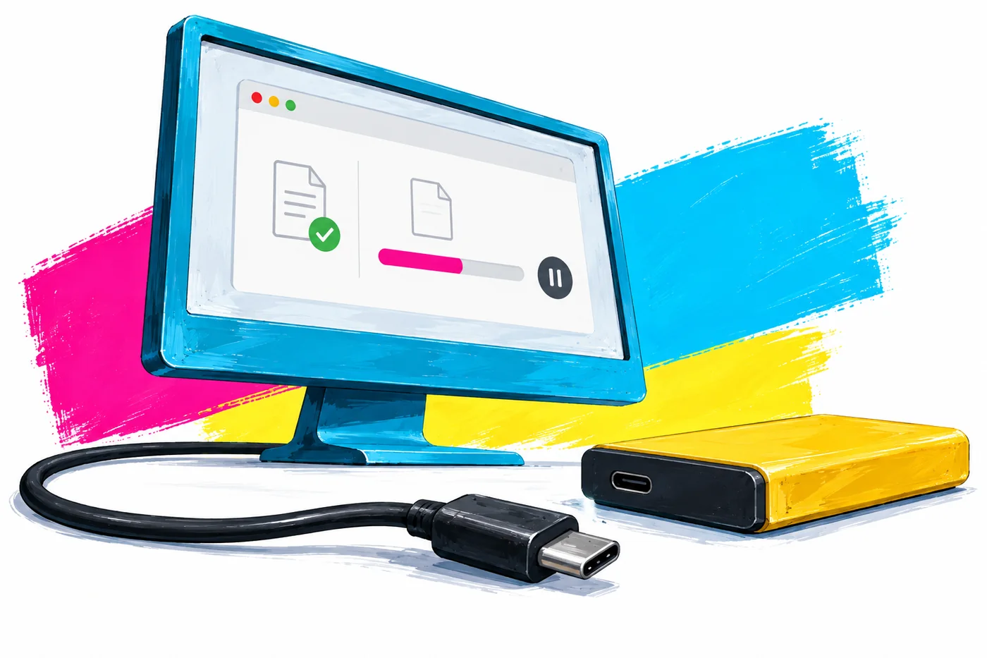 A screen showing a paused file transfer and a disconnected storage cable